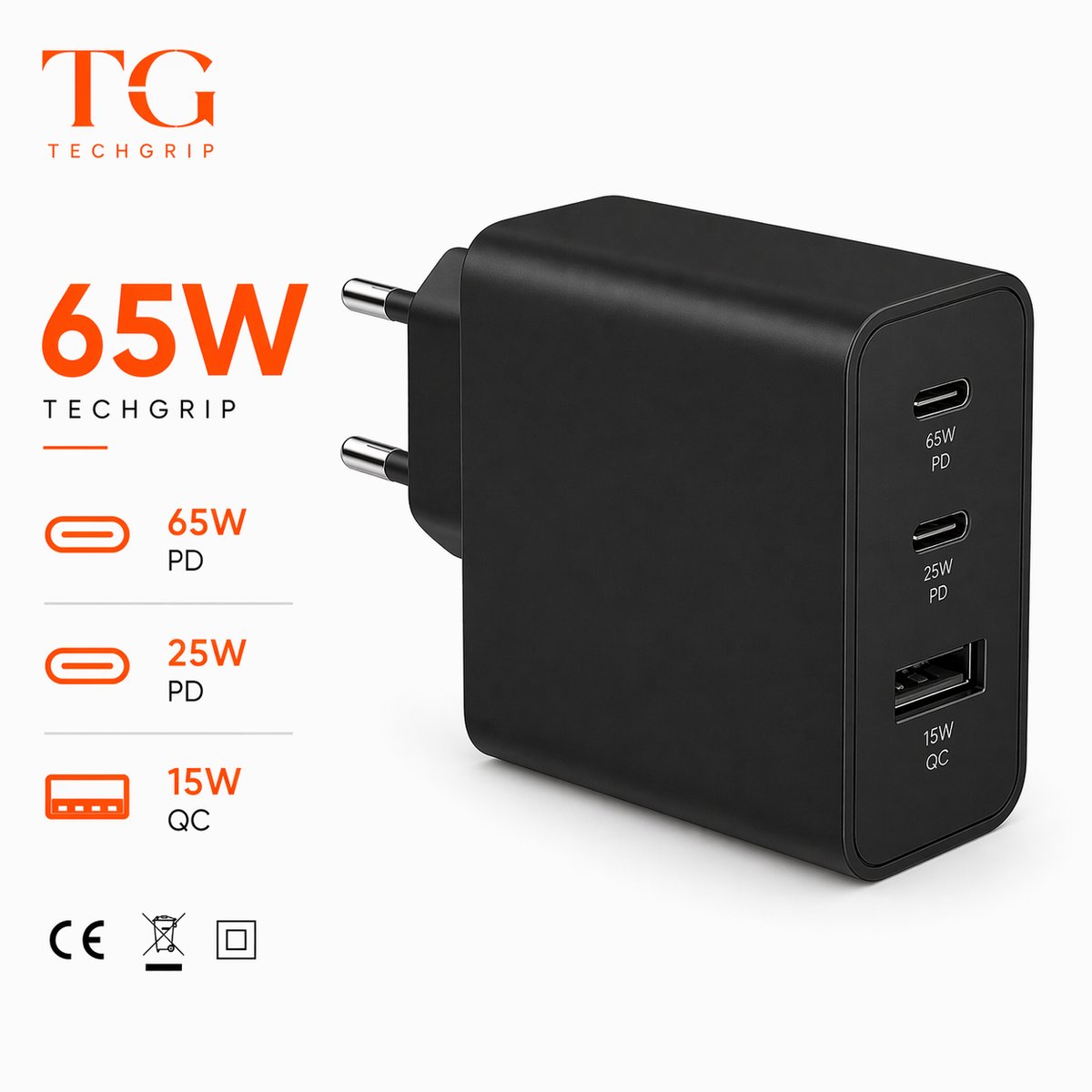 65W Snellader USB-C PD + USB-A QC 3.0 - 3 Poorten Oplader voor Laptop, Smartphone, Tablet - Zwart - Afbeelding 4