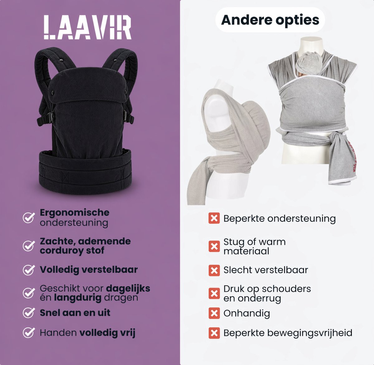 Laavir® Baby Draagzak Corduroy - Comfortabele Buikdrager met Verstelbare Band - Voor 0 tot 36 Maanden - Zacht & Ademend - Zwart – foto 7
