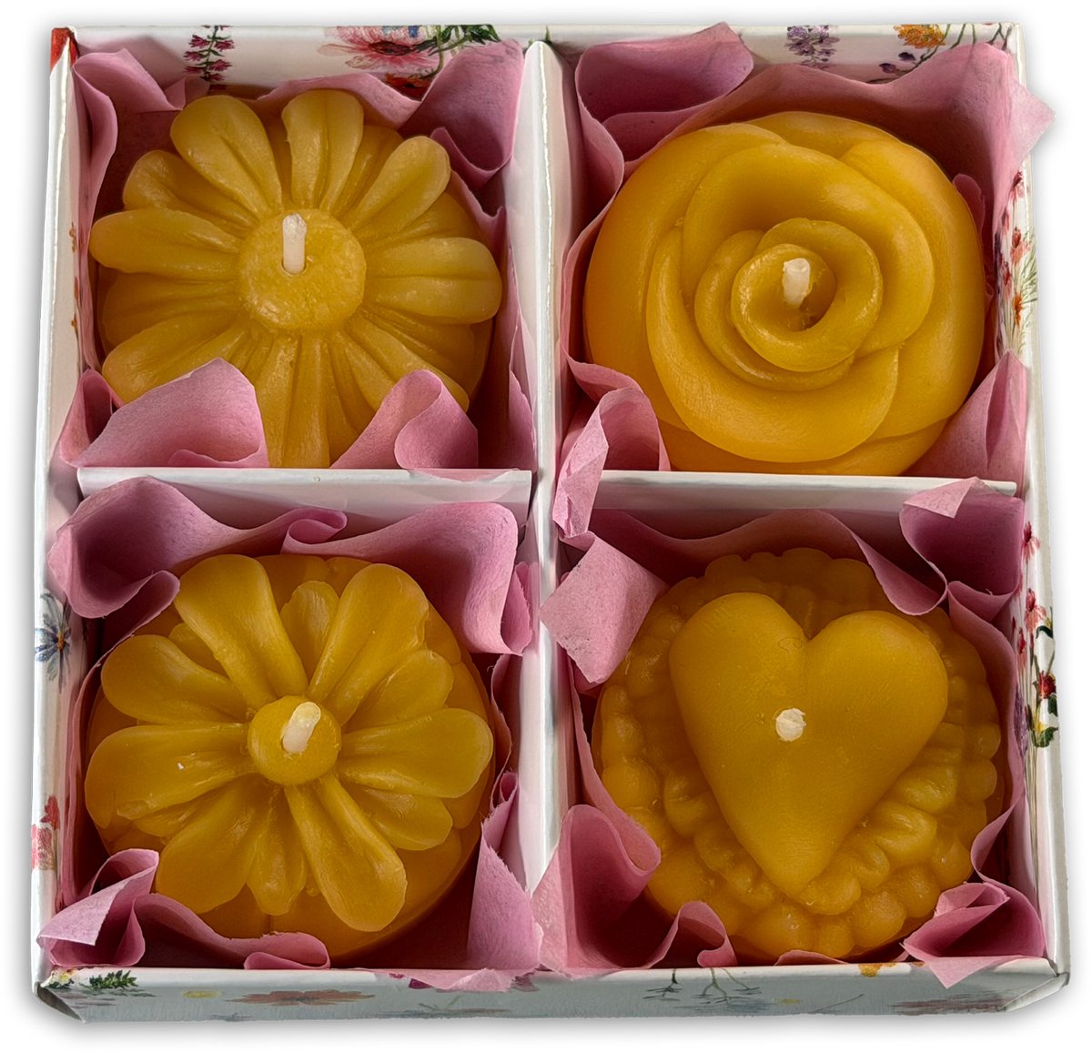 Bijenwas Het Bloemenfeestje - 4 unieke theelichtjes - Handgemaakt - Cadeauverpakking