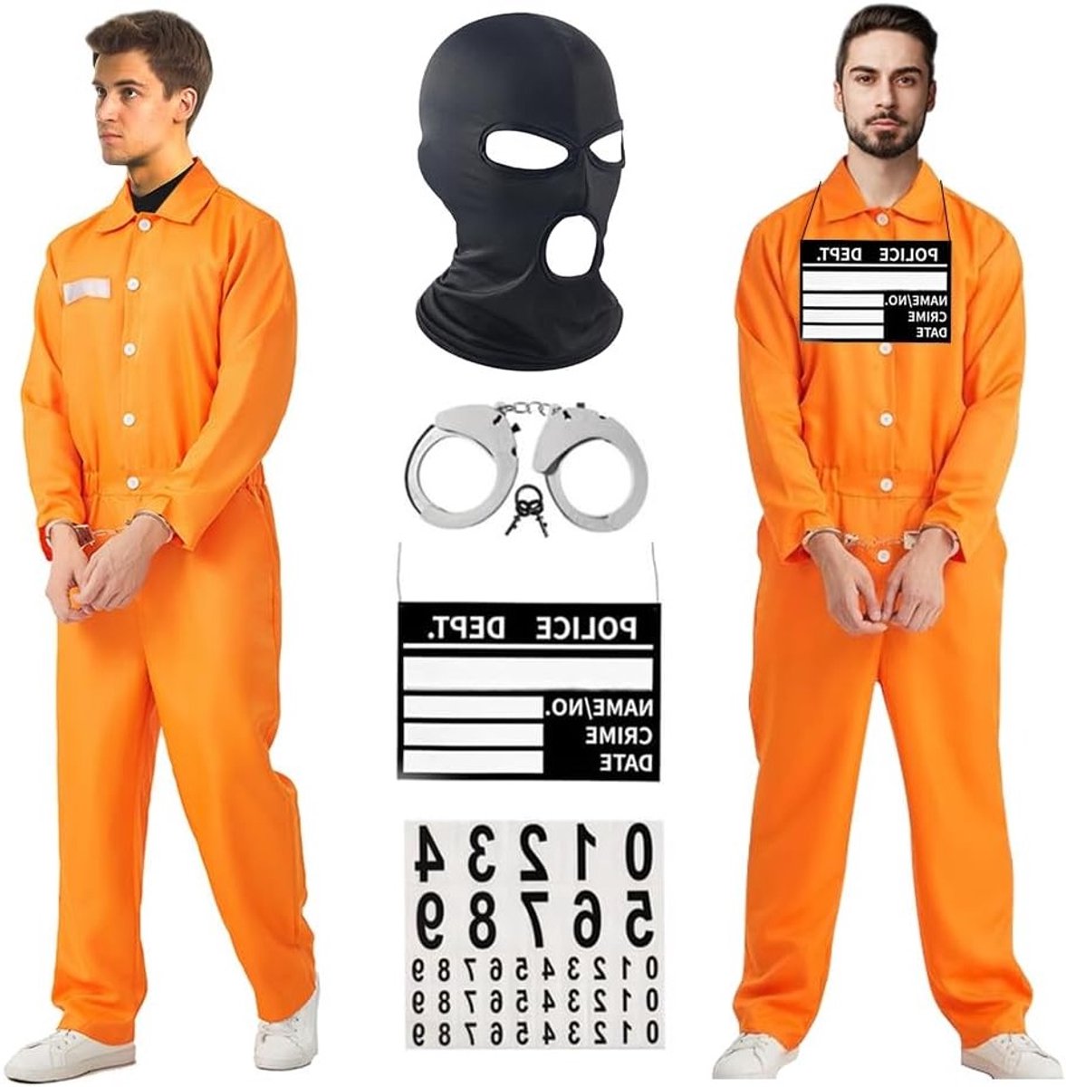 Oranje gevangenis kostuum voor mannen met naamlabel, handboeien en beschermend masker voor carnaval en Halloween