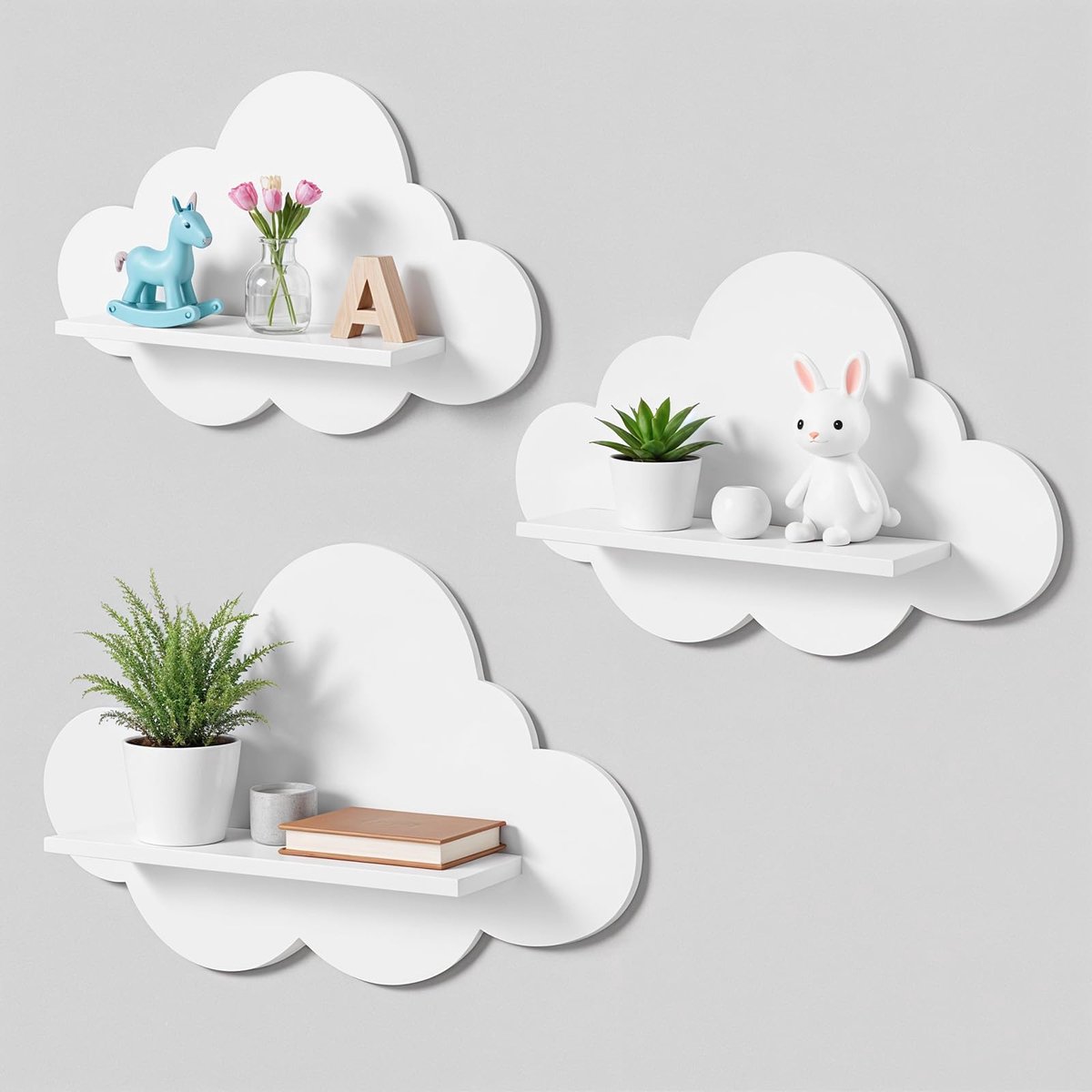 3 stuks zwevende wolkplanken - witte golvende kleine zwevende planken voor aan de muur - voor badkamer, woonkamer, slaapkamer, hoek, kinderkamerdecoratie