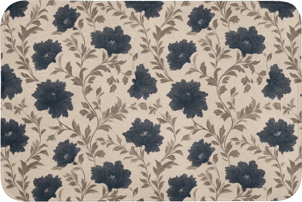 WC mat 90x60 cm - Antislip - Motief - Bloemen - Zwart - Beige - Toiletmat - Vloermat - Dou