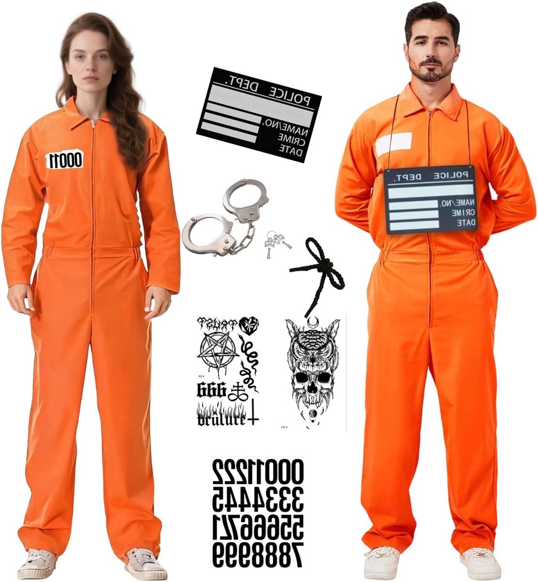 Strafgevangenis Kostuum voor Mannen en Vrouwen, Oranje Gevangenis Overall, 7-Delige Set met Handboeien, Naamlabel en Tattoos voor Volwassenen, Perfect voor Halloween en Carnavalsfeesten