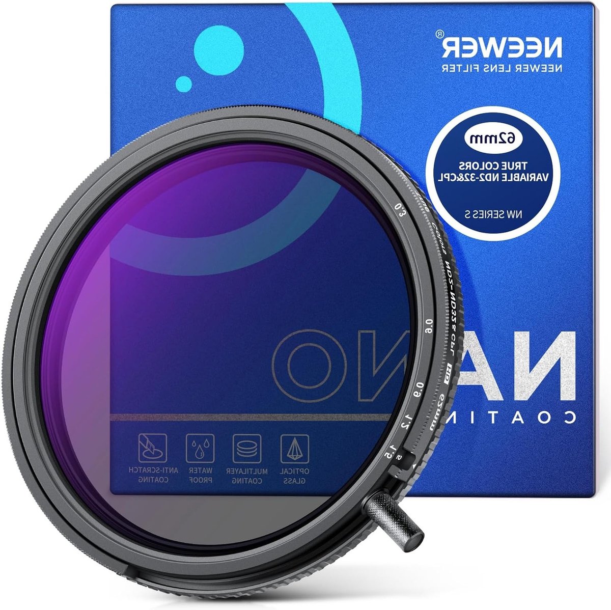 62mm Variabel ND2-ND32 en CPL Filter, 2-in-1 Verstelbaar Neutraal Dichtheidsfilter en Circulair Polarisatiefilter, HD Optisch Glas, Aluminium Frame, Waterbestendig en Meervoudig Gecoat