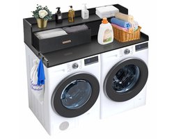 Wasmachine Ombouw met Lade & Opbergrek – Wasdroger Aanrecht – Wasmachine Verhoger met Werkblad en Haken – Wasruimte Organizer – 134x70 cm – Zwart