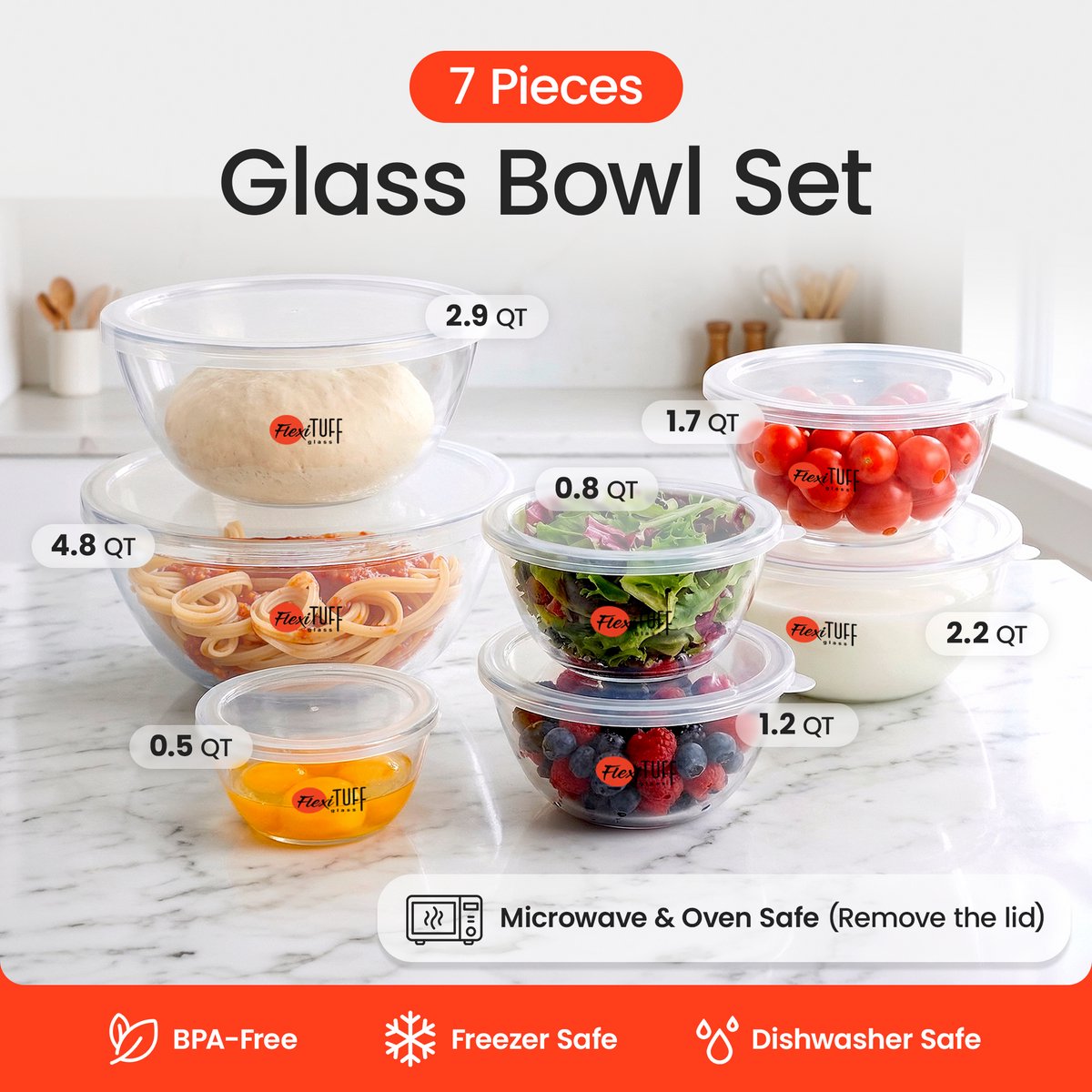 FlexiTuff Glass Salad Bowl Set – 7-Piece Set