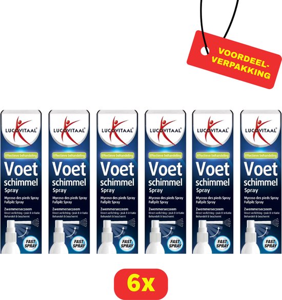 Lucovitaal Voetschimmel Spray, effectieve behandeling tegen zwemmerseczeem. Voordeelverpakking van 6 spuitbussen.