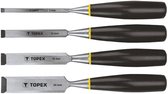 Vier Topex beitels met zwarte handvatten, gele ringen en metalen bladen van 6, 12, 18 en 24 mm.