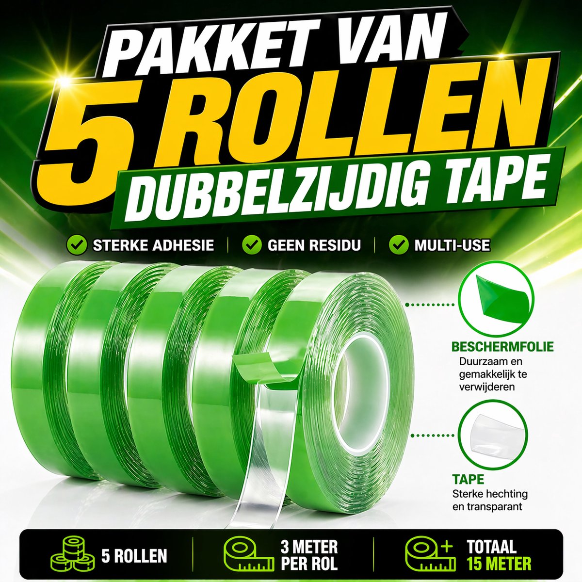 24ME® Pakket van 5 Rollen Dubbelzijdig Montagetape - Totaal 15 Meter - Extra Sterk - Transparant - Nano tape - Acrylic - Automotive