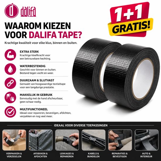 Twee rollen zwarte ducttape met "1+1 GRATIS!" erop.