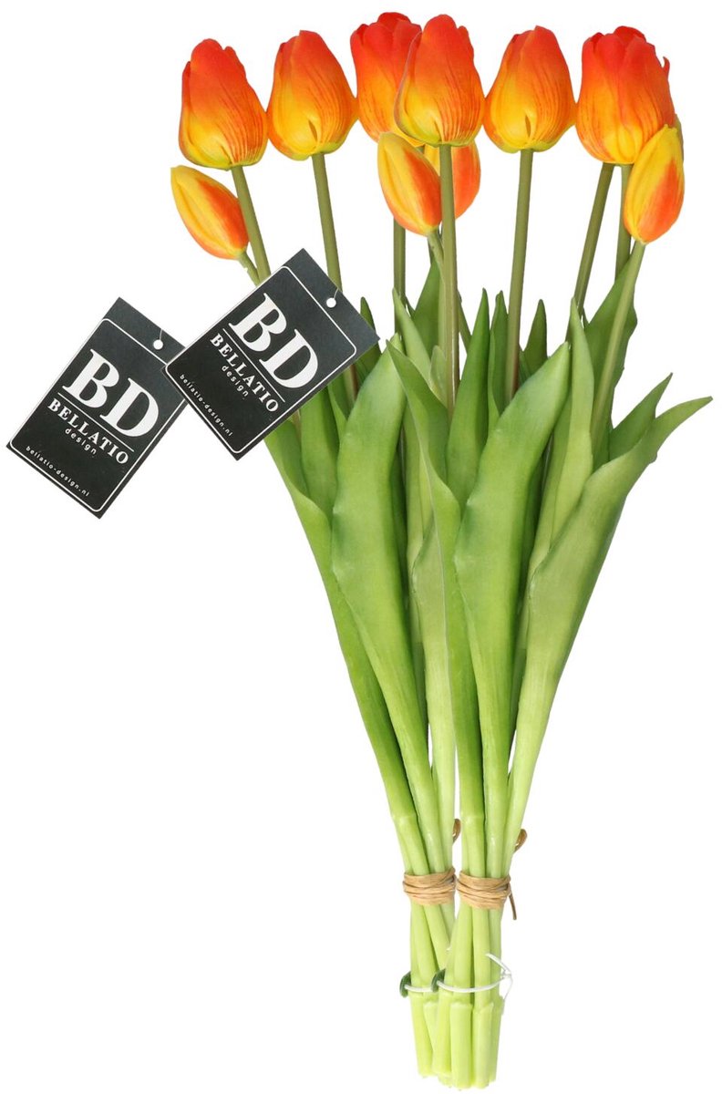 Bellatio Design Kunst tulpen boeket Sally - 14x stuks - oranje - real touch - 47 cm Licht oranje