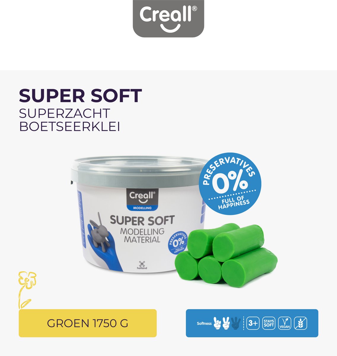 Creall Supersoft boetseerklei - groen - hersluitbare emmer - 1750 gram - glutenvrij - gemaakt in Nederland