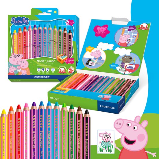 Collage de crayons STAEDTLER Peppa Pig, boîte ouverte avec crayons et Peppa Pig.