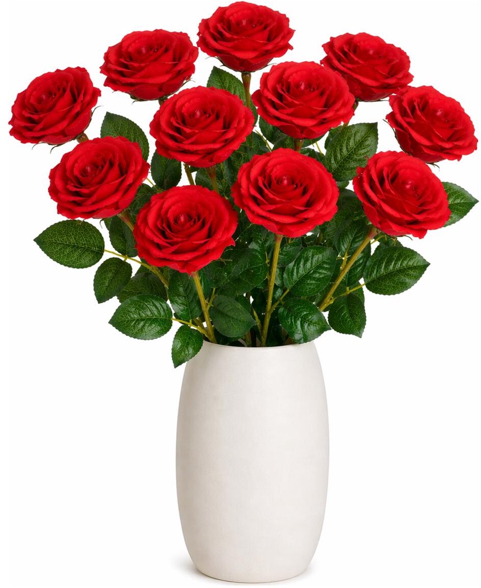 Mica Decorations Kunstbloem Roos Valentine - 12x - H59 cm - rood - kunststof - stelen kunstbloemen - boeket - rozen bloemetjes - Valentijnsdag