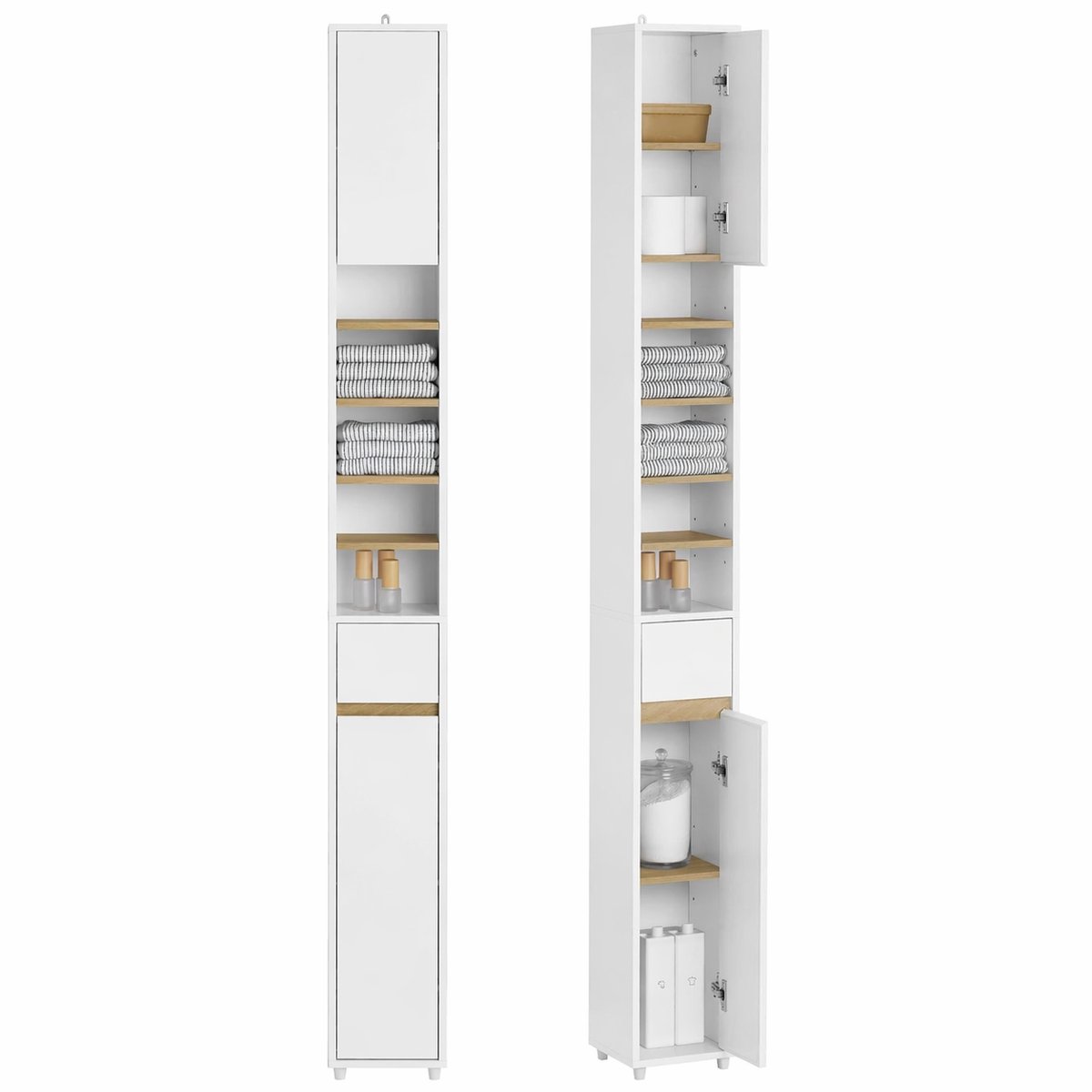 Badkamerkast – Hoge Kolomkast met Lade en Deuren – Ruimtebesparende Opbergkast voor Badkamer, Toilet en Hal – Wit -20x20x180 cm