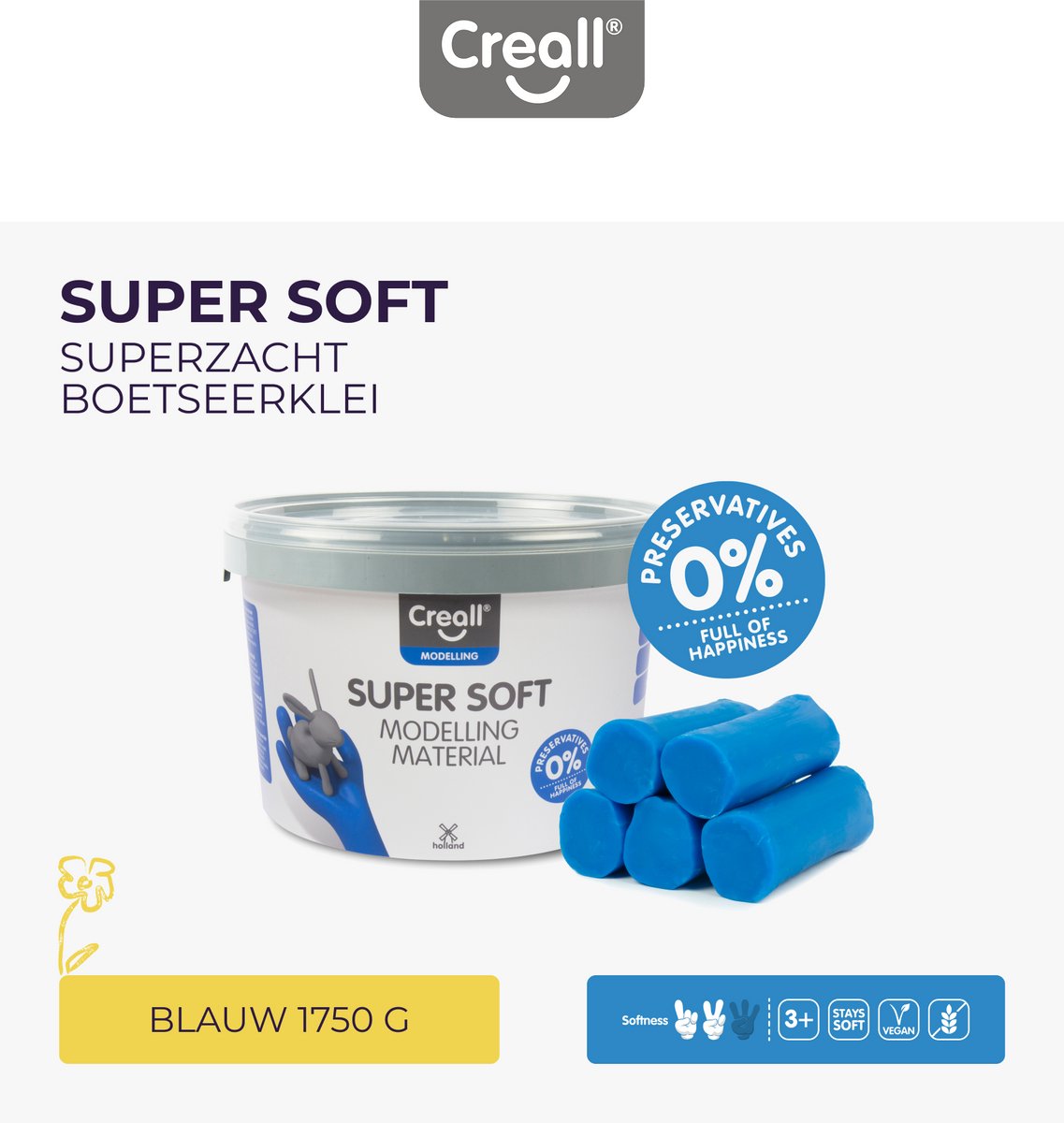 Creall Supersoft boetseerklei - blauw - hersluitbare emmer - 1750 gram - glutenvrij - gemaakt in Nederland