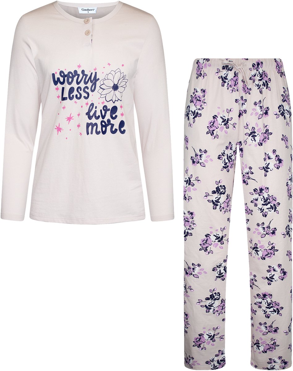 GAUBERT ® Essential Dames Pyjama Lange Mouw - Broek met Zakken - Premium Gekamd Katoen - Worry Less Live More - Beige - GB-2909 Lange Mouw Pyjama, Beige, Worry Less Live More