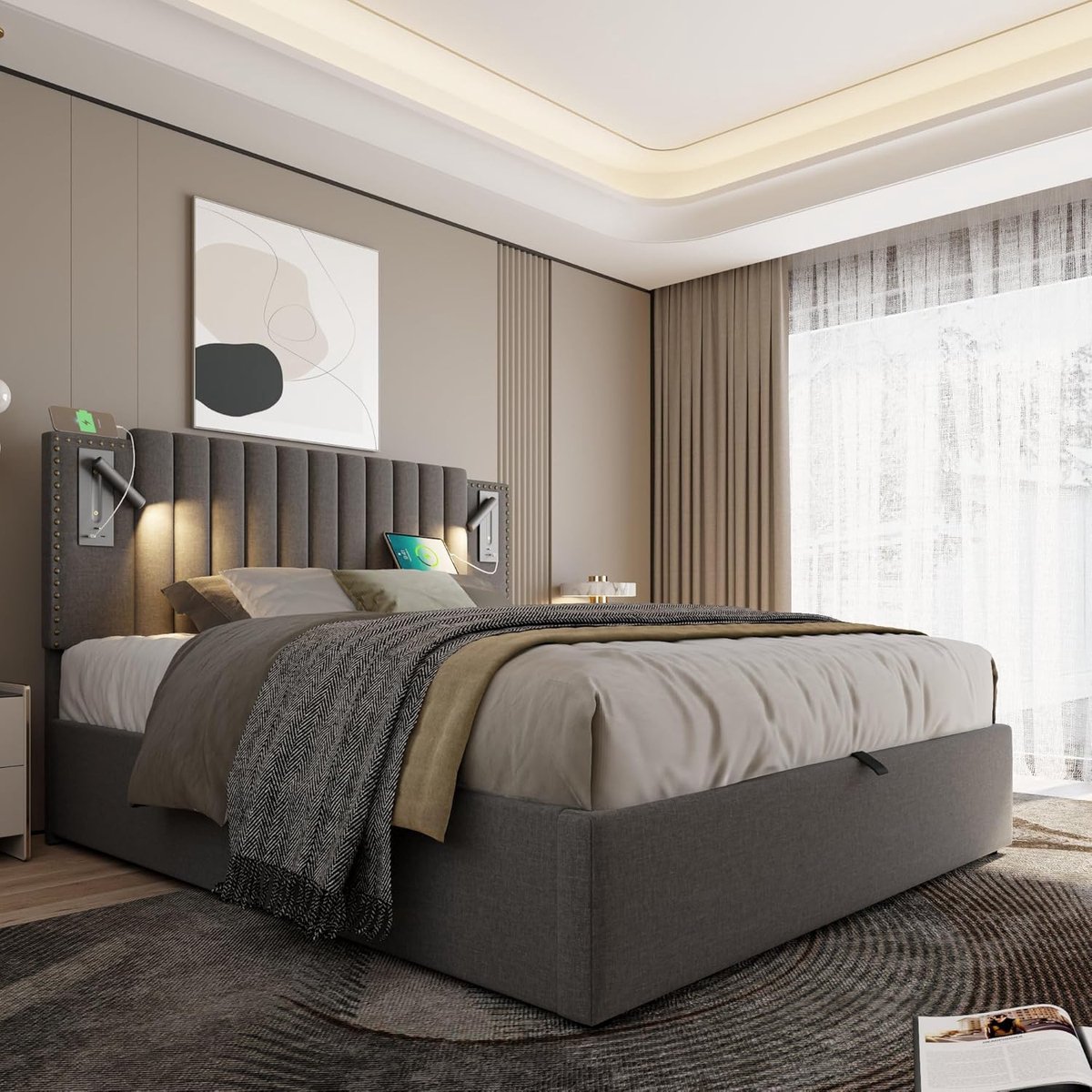Luxe Opbergbed 160x200 cm met USB-C & Verstelbaar Hoofdbord, Gestoffeerd Tweepersoonsbed met Leeslamp en Lattenbodem, Modern Design in Grijs