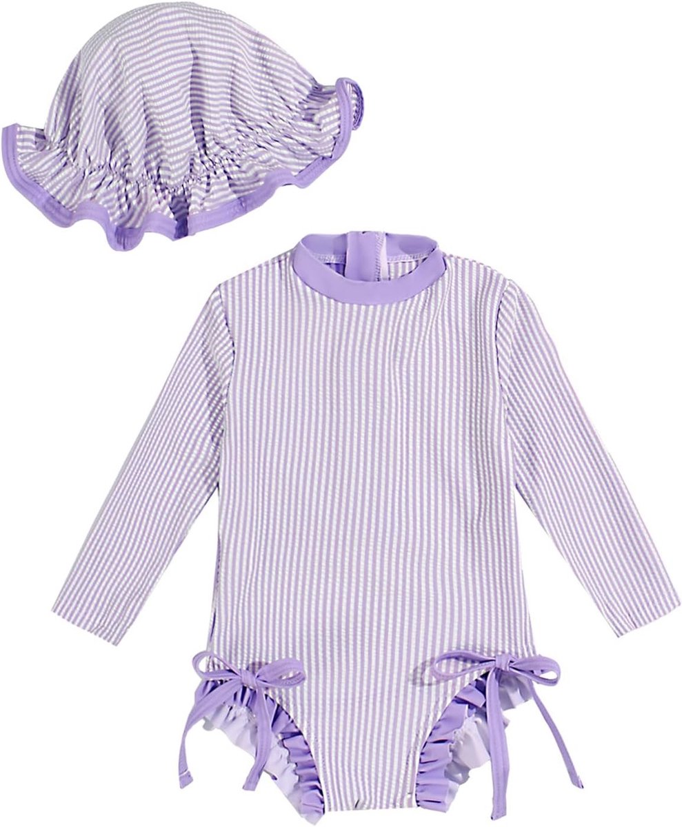 Zomerse Baby Meisjes Badpak met Lange Mouwen en Zonnehoed - UV Bescherming en Comfortabel Zwemkleding