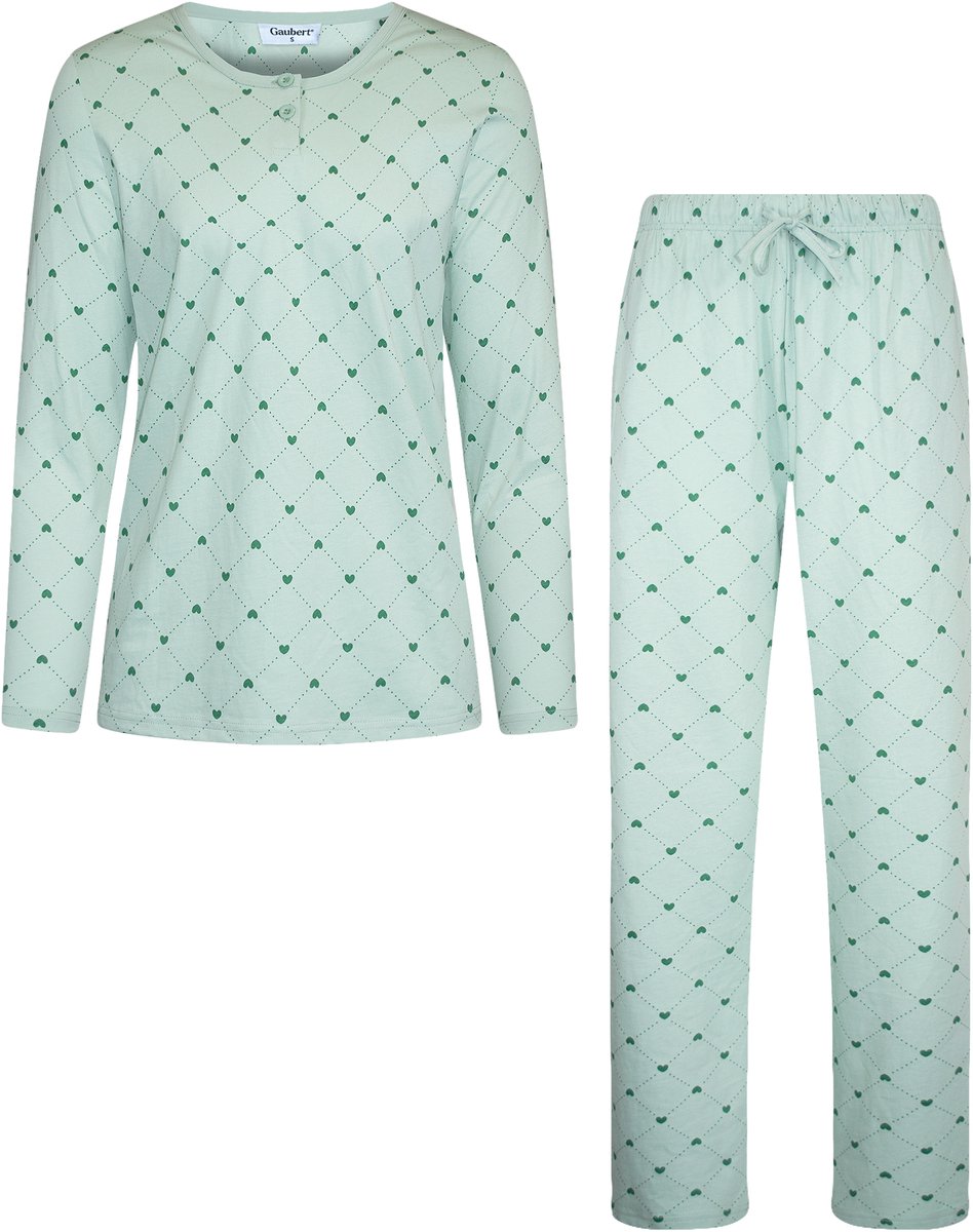 GAUBERT ® Essential Dames Pyjama Lange Mouw - Broek met Zakken - Premium Gekamd Katoen - Hartjes - Mintgroen - GB-2812 Lange Mouw Pyjama, Mintgroen, Hartjes
