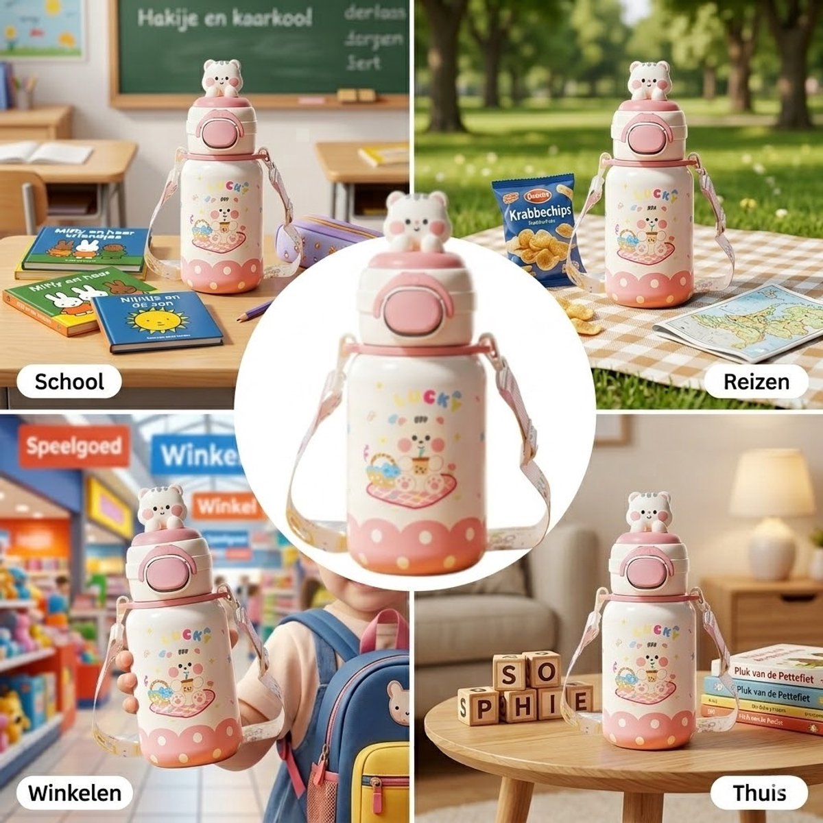 316 RVS Kinder Thermosfles & Kinderdrinkfles met Rietje en Drinktuit - 500ml Lekvrije Schoolbeker voor Meisjes & Jongens - 12u Warm/Koud Isoleerfles - BPA-Vrij & Food Grade - Ideaal Cadeau voor School, Sport & Onderweg - Met koord - kitten thumbnail 5
