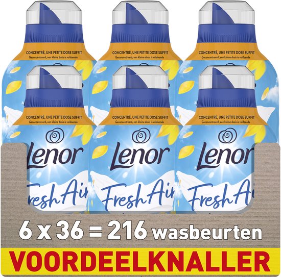 Assouplissant Lenor Fresh Air, 6 bouteilles de 36 lavages chacune, 216 lavages au total.