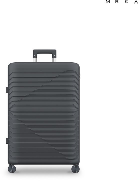 Valise grise rectangulaire avec roulettes et une poignée rétractable.