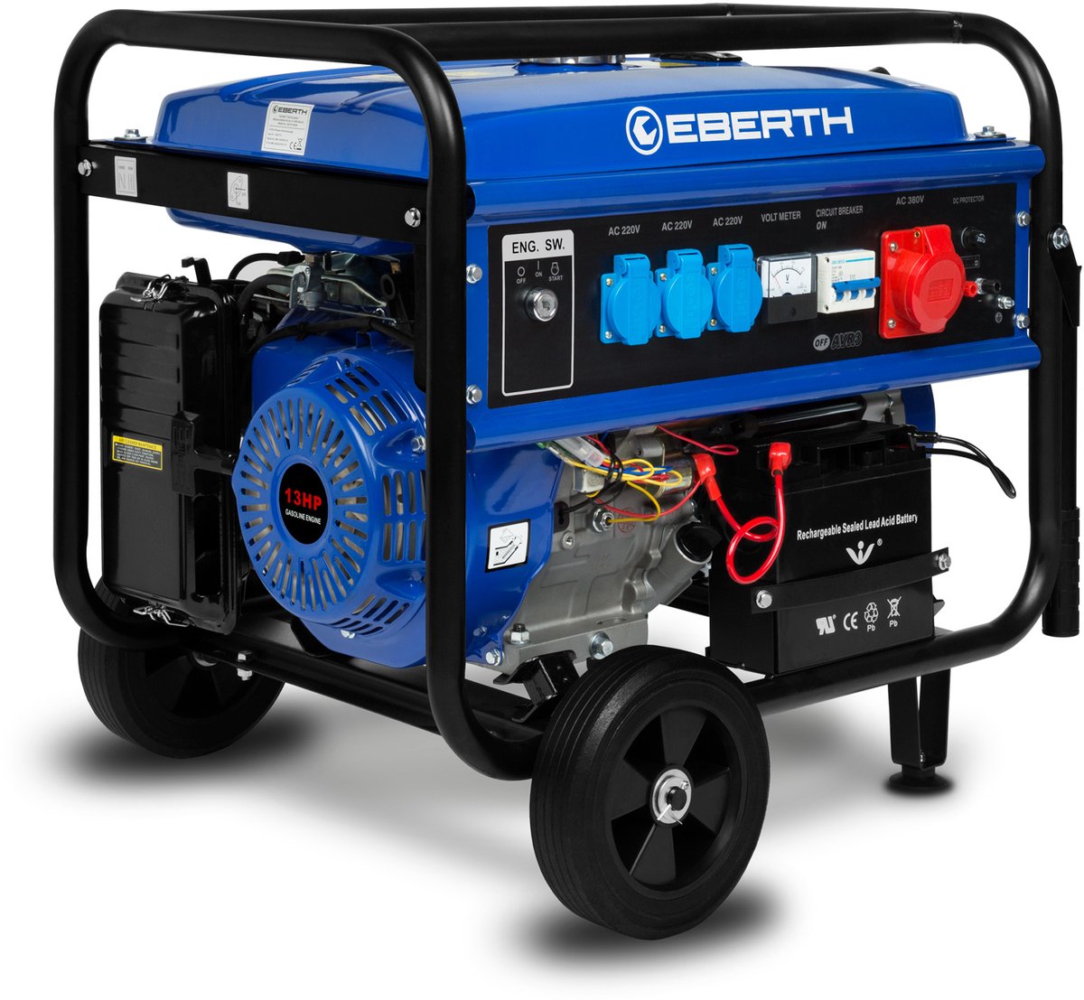 EBERTH 5500 Watt Noodstroomaggregaat, stroomgenerator met onderstel, elektrische start, 13 pk benzinemotor, viertakt, driefasig, 1x 400 V, 3x 230 V, 1x 12 V, automatische spanningsregelaar (AVR), oliepeilbeveiliging