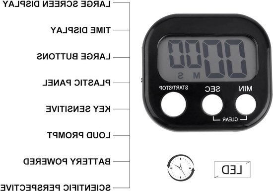 Digitale Keuken Timer met Alarmfunctie - Magnetische Stopwatch voor Koken, Studie en Training (Zwart) — afbeelding 2