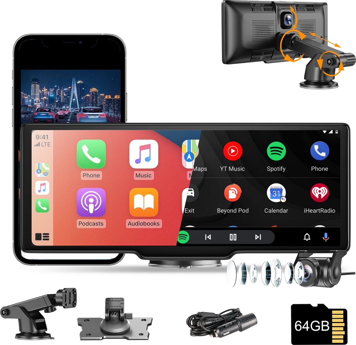 ESSGOO Geschikt voor CarPlay Scherm 10.26 Inch – Geschikt voor Android Auto Scherm – Draadloos - CarPlay-autoradio met 4K-frontcamera – Auto Scherm – Universeel – Touchscreen - Incl. 32 GB SD-kaart