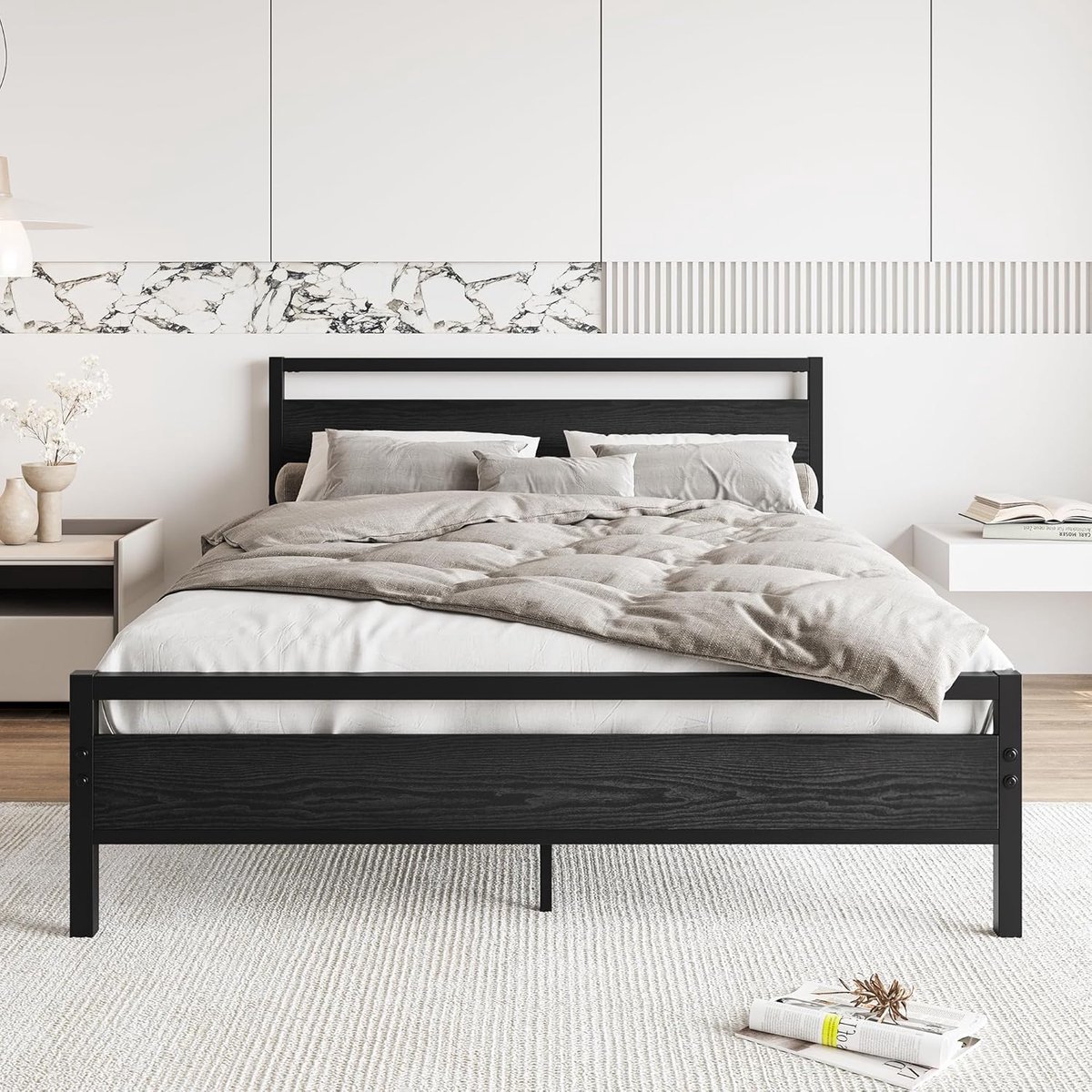 King Size Bedframe met Houten Hoofdbord en Metalen Frame met Opbergruimte 211x154x88,5 cm – Sterk Stalen Lattenbodem Zonder Boxspring, Geluidsarm en Modern Design Zwart