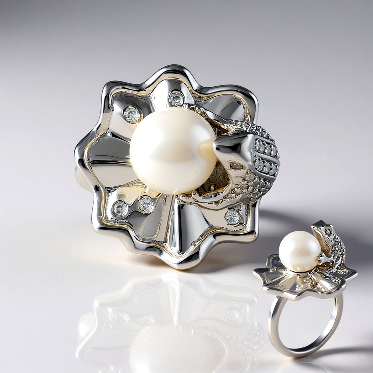 Cavill - Elegante bloemenring met witte zoetwaterparel 9 mm - Platina-geplateerd 925 zilver - 43 Zirkonia 0,444 ct - dames sieraden