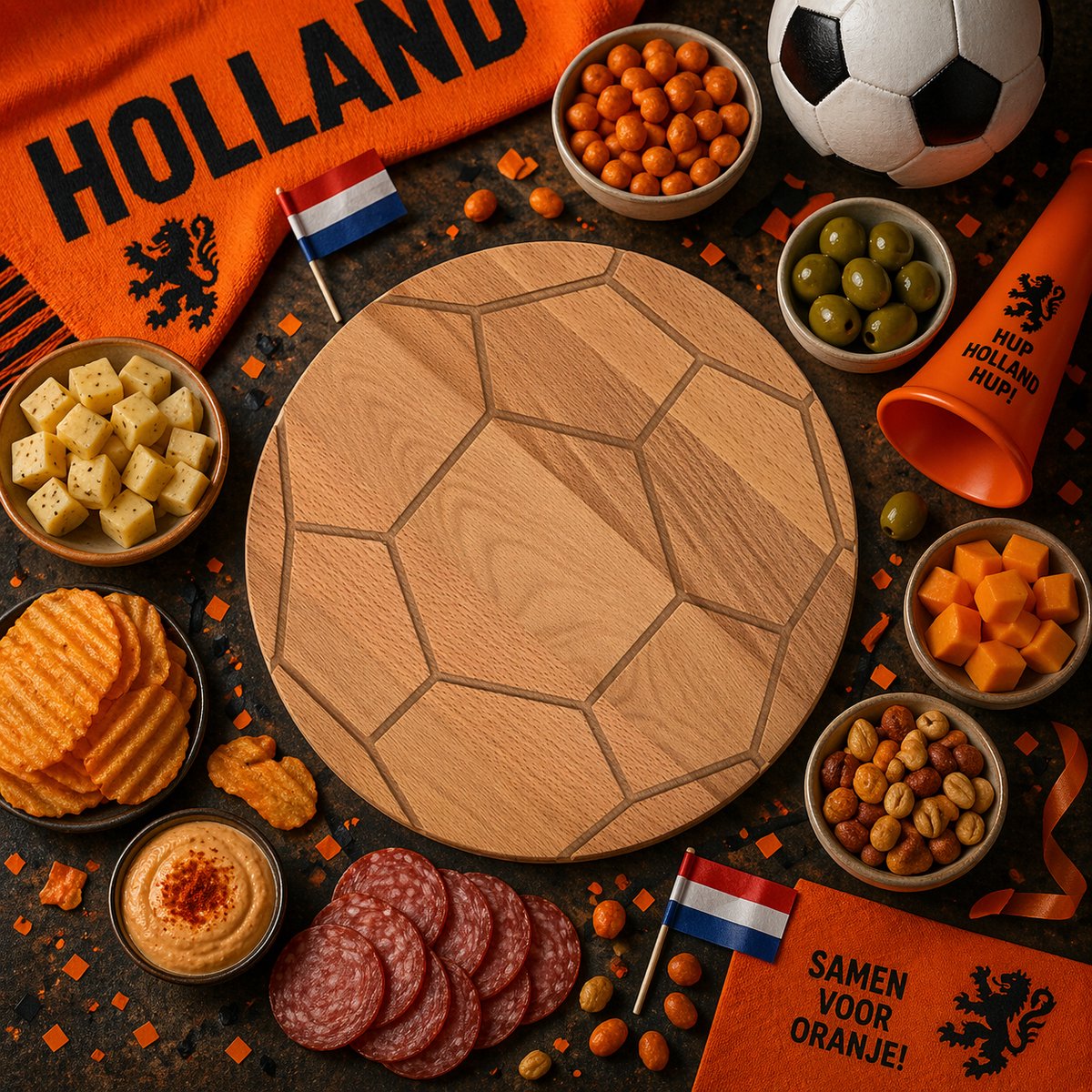 Beuken borrelplank voetbal – Houten serveerplank voor borrel, tapas en snacks