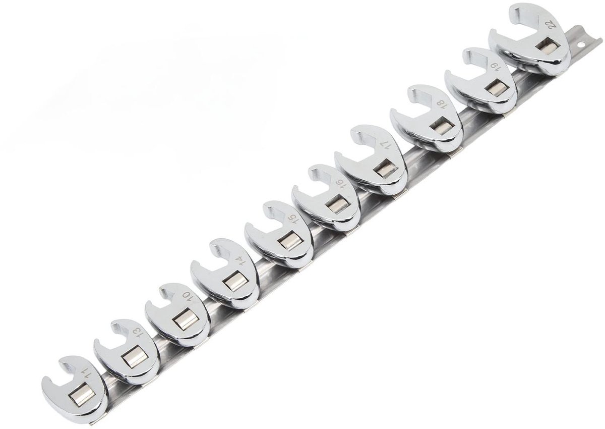 Cosensi- Kraaienvoetmoersleutelset 10 Stuks - Metrische Maten 10-22 mm - Heavy Duty Constructie - Roestvrij Staal - Gemakkelijk Toegang tot Krappe Ruimtes - Ontwerp met Vierkante Kopopening - Moersleutelset