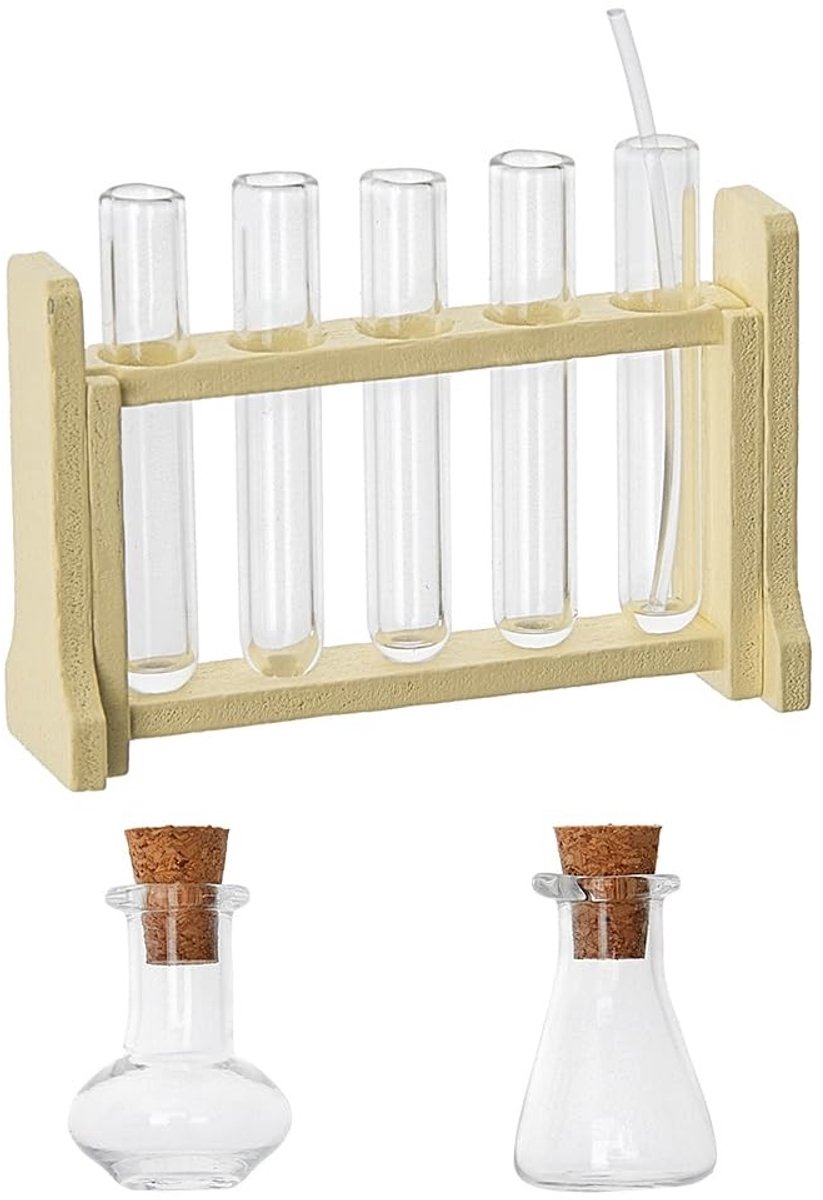 MTTproducts- Reageerbuisframe Mini - Houten/Glazen Set - Kleine Wetenschapsset - Micro Landschap Ornament - Decoratie - Experimenten - Miniatuur Reageerbuis