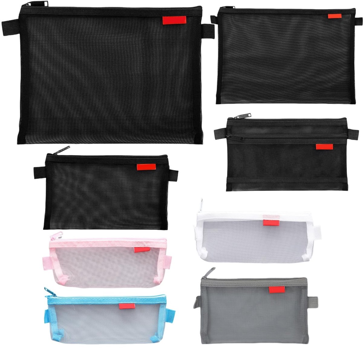 Dailygoods- Netetui 8-delig - Transparant - Nylon - Opbergetui - Schrijfwaren - Onderwijs - Duurzaam materiaal - Pennenzak
