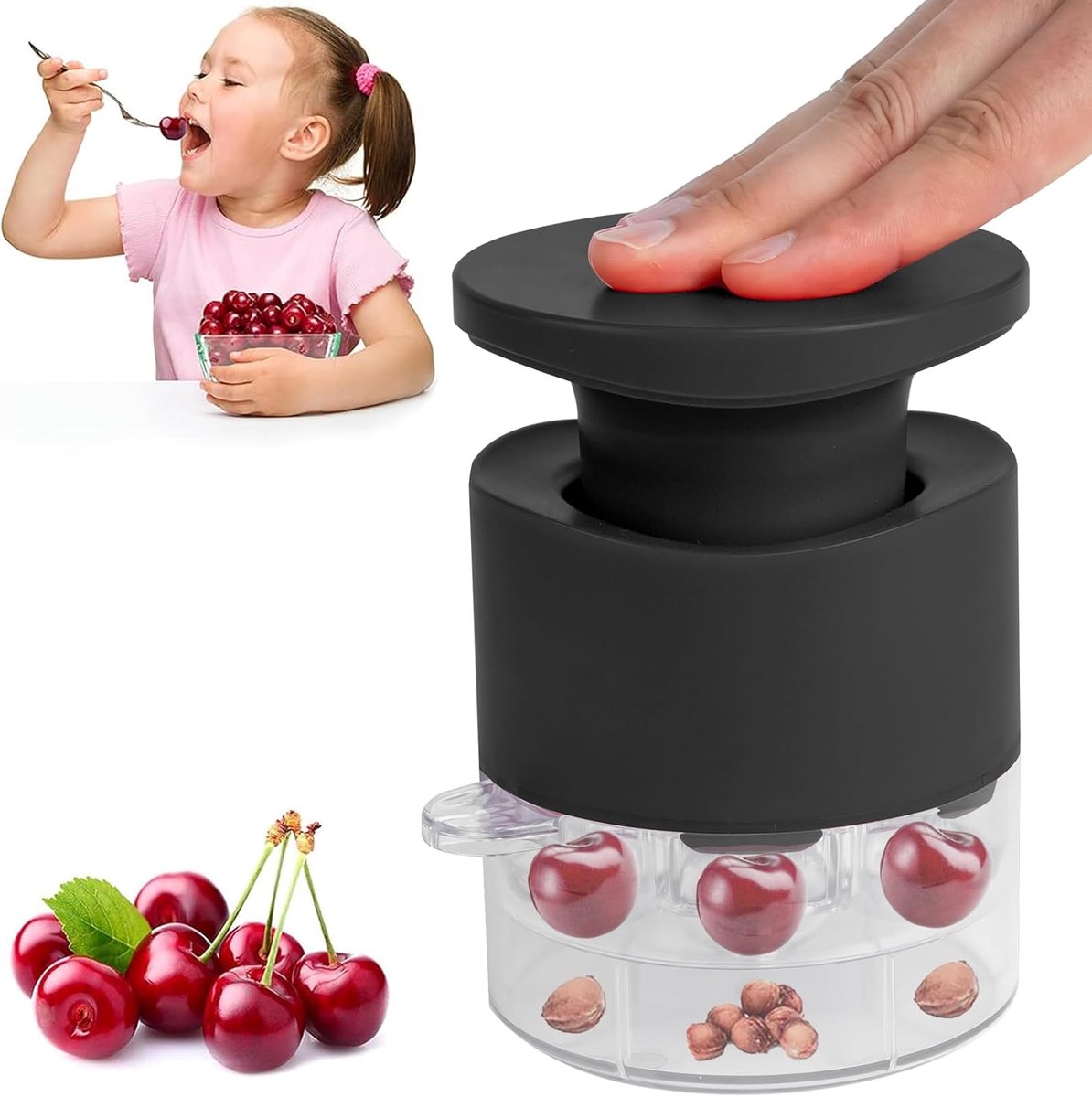 Ontpitter met drukknop - Kersenontpitter met 7 gaten - Pruimenontpitter - Olijvenontpitter - Snelle kernverwijderaar - Fruitaccessoires - Bespaar tijd - Geschikt voor dadels en kersen - 14.3*10cm - Zwart