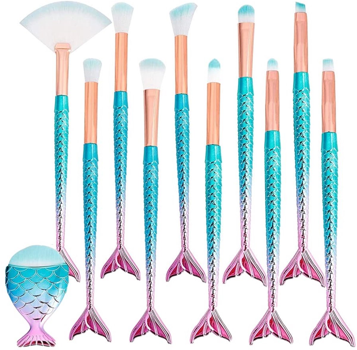 Dailygoods- Make-upkwastenset 11 stuks - Professionele Cosmetica - Nylonvezel - Verloopkleuren - Reiniging - Zeemeermin Design - Make-upborstels