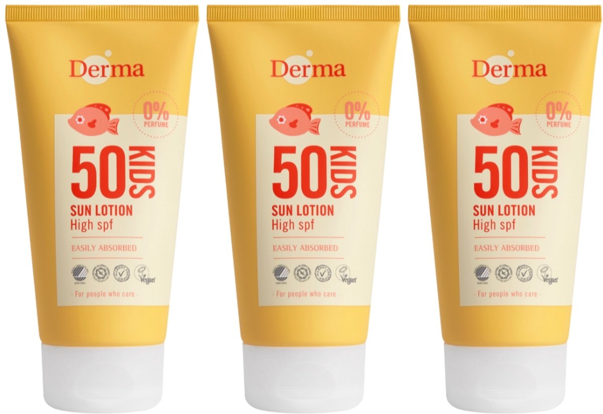 Derma Sun - Kids Zonnebrand SPF50+ - 3 x 150 ml - Extra Hoge Zonbescherming voor Kinderen - UVA en UVB Bescherming - Waterbestendig - Parfumvrij - AllergyCertified