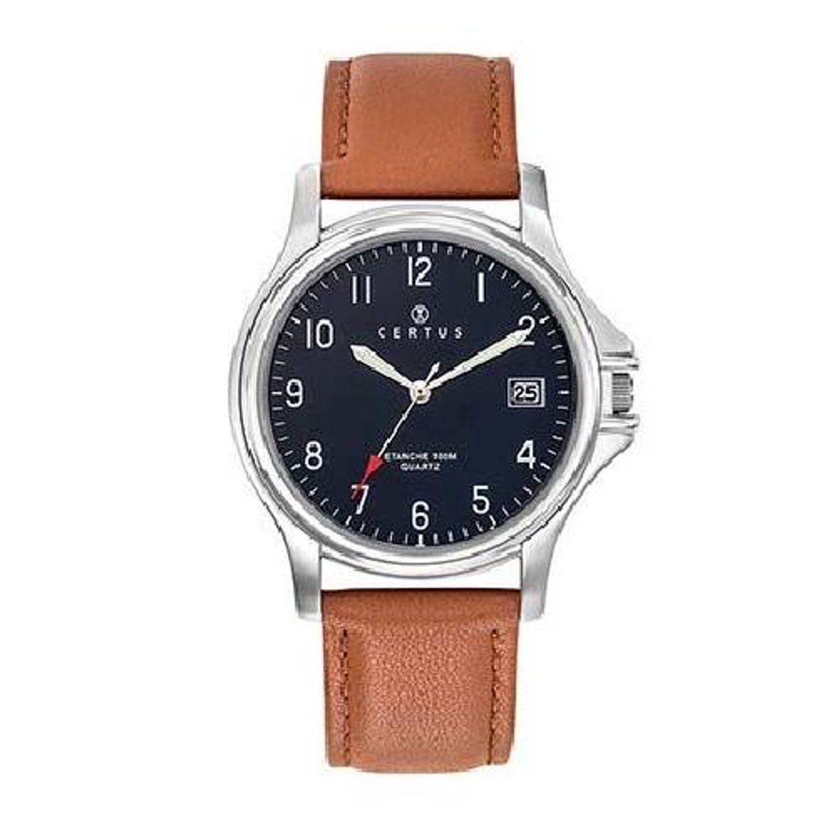 Certus-model 610394-Heren-horloge-datum-zilverkleurig-cognac kleurig lederen band-donkerblauwe wijzerplaat-diameter 40 mm-10 atm waterdicht-gemaakt in Frankrijk