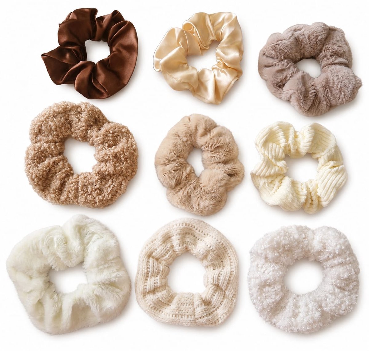 Luxe Scrunchies Set – Teddy, Satijn, Chenille & Bouclé – Haarvriendelijk Haarelastiek – Set van 3