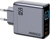 Phreeze USB C Adapter 65W 3 Poorten GaN DisPlay - Extra Veilig met Temperatuur meter & USB kabel tester - Snellader USB C - USB Oplader - Telefoon Oplader - Oplader geschikt voor Samsung Super Fast Charging - Laptop Oplader USB C - USB Stekker