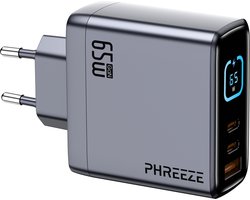 Phreeze USB C Adapter 65W 3 Poorten GaN DisPlay – Extra Veilig met Temperatuur meter & USB kabel tester – Snellader USB C – USB Oplader – Telefoon Oplader – Oplader geschikt voor Samsung Super Fast Charging – Laptop Oplader USB C – USB Stekker
