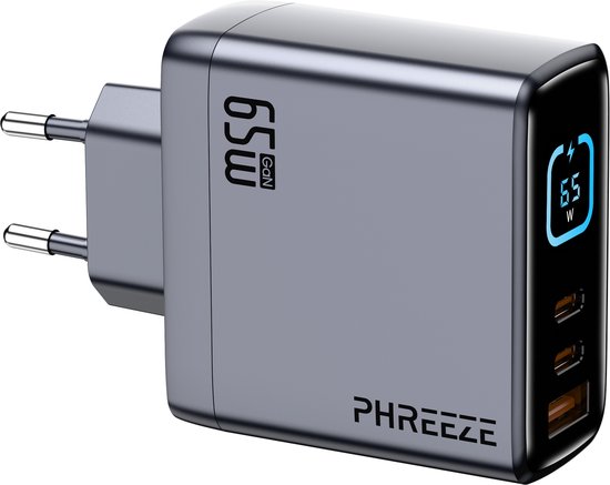 Phreeze USB C Adapter 65W 3 Poorten GaN DisPlay - Extra Veilig met Temperatuur meter & USB kabel tester - Snellader USB C - USB Oplader - Telefoon Oplader - Oplader geschikt voor Samsung Super Fast Charging - Laptop Oplader USB C - USB Stekker