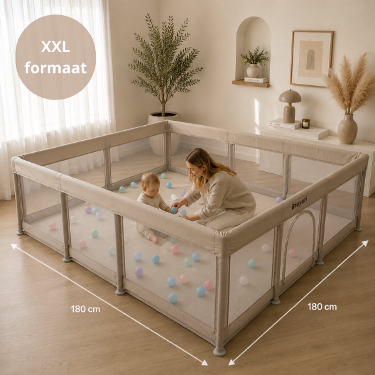 Broyari® Grondbox Baby 180x180 cm – Extra Grote Speelruimte – Binnen 2 Seconden Inklapbaar – Inclusief Speelmat & 50 Speelballen – Opvouwbare Speelbox – Grondbox XL - Beige – foto 7