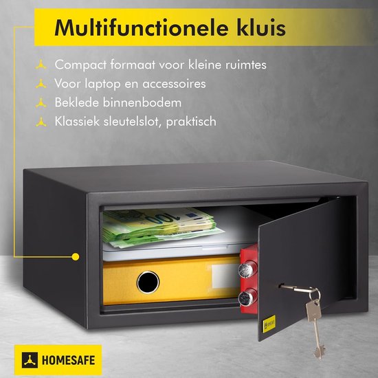 Een open zwarte HOMESAFE kluis met geld, laptop, ordner en een sleutel.