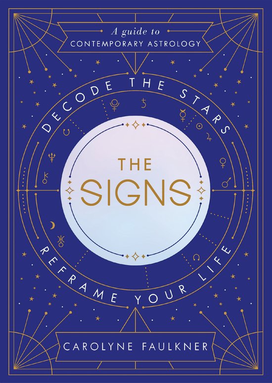 Boek kaft met 'Decode The Stars, Reframe Your Life' en astrologische symbolen op een nachtblauwe achtergrond.