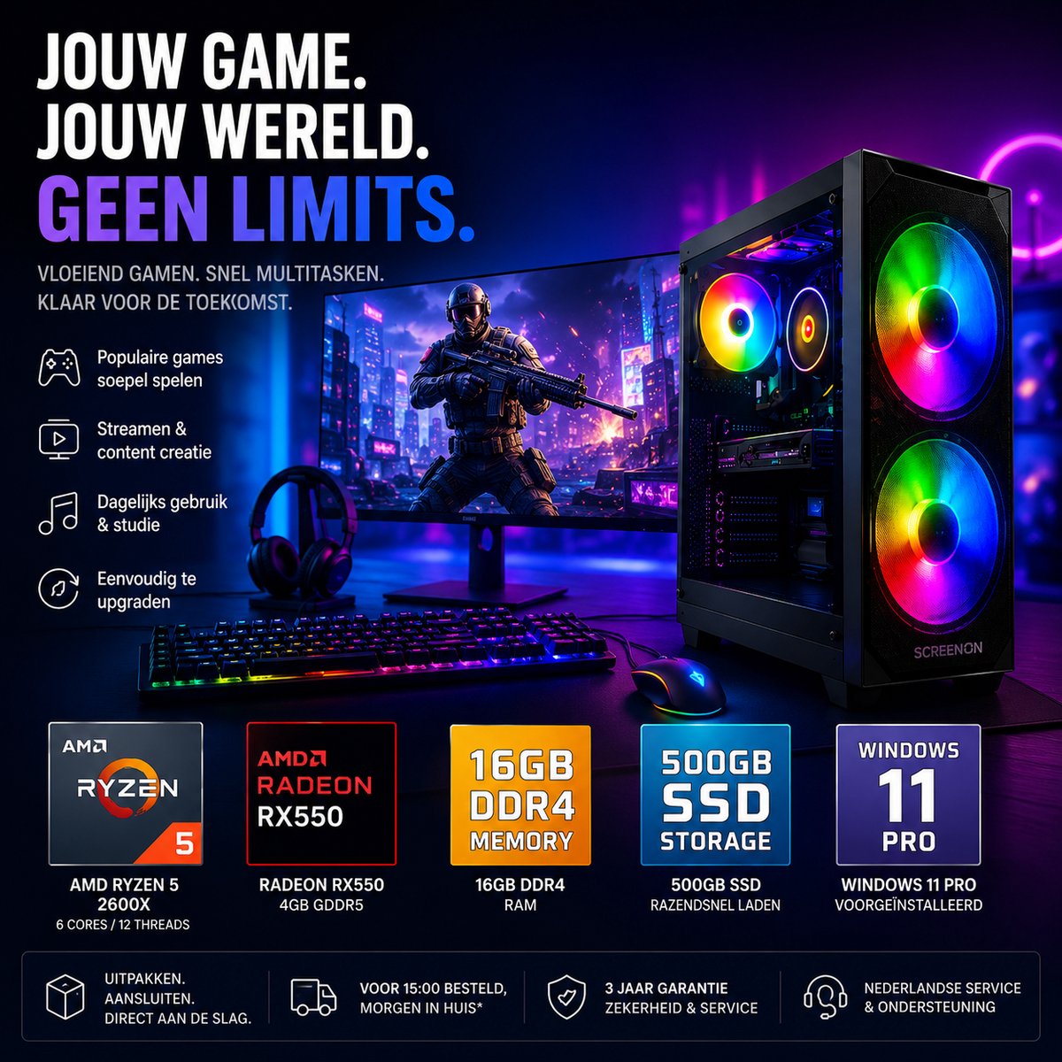 Gaming PC AMD Ryzen 5 2600X + RX550 - Direct klaar thumbnail 2