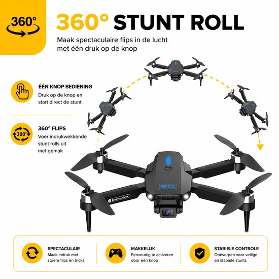 Zwarte drone met vier propellers, die 360 graden flips maakt. "360 STUNT ROLL"