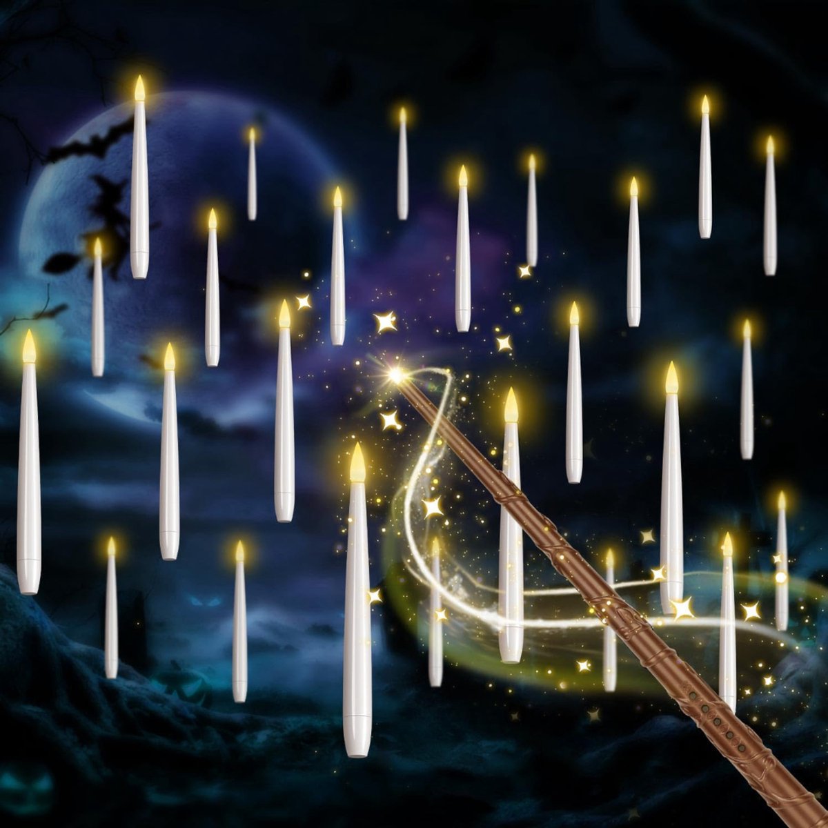 QIN® Zwevende Kaarsen - Floating Candles - Hangende Kaarsen - 20 Stuks Toverstaf - Wit - 2cm x 2cm x 17cm